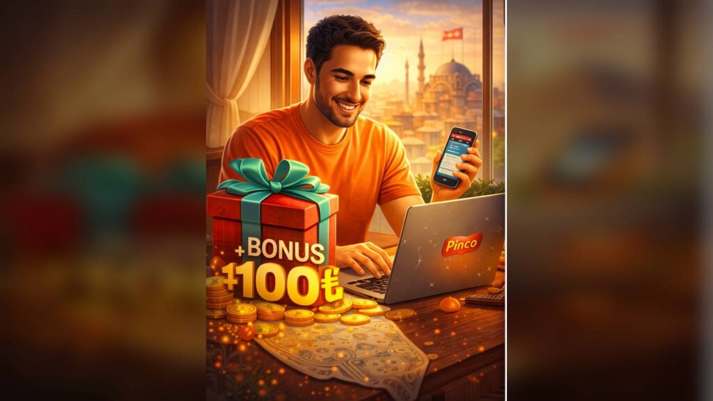 Pinco kayıt olma ve yeni üyelik bonusunu anlatan yatay görsel, telefonla kayıt işlemi yapan kullanıcı, bonus kutusu ve Türkiye odaklı çevrim içi casino teması