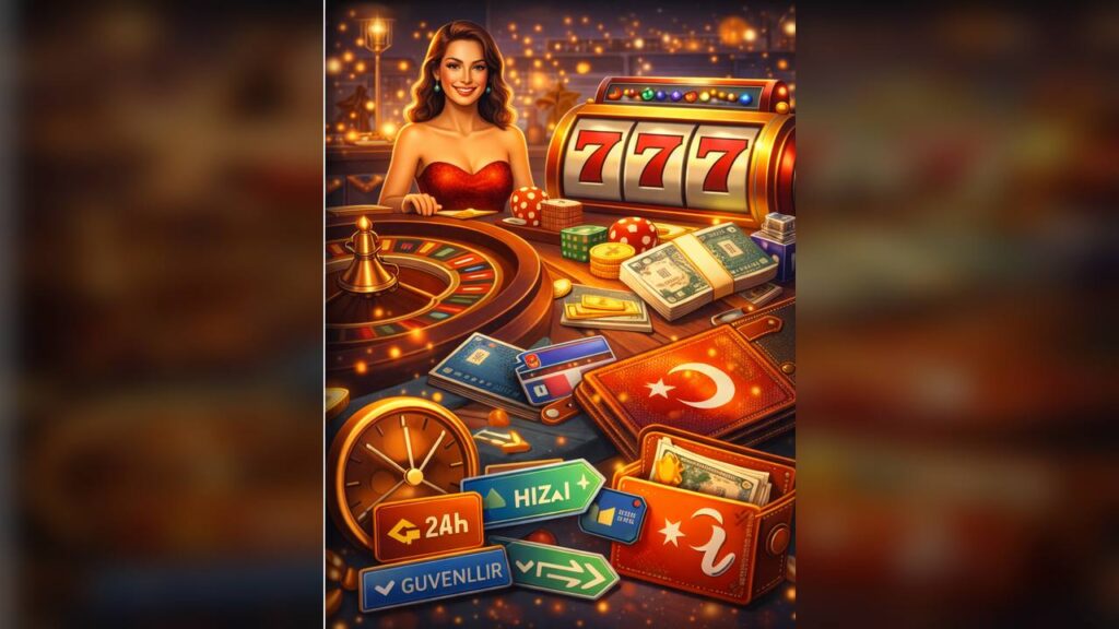 Pinco slot oyunları, canlı casino ve para yatırma çekme yöntemlerini anlatan yatay görsel, rulet masası, slot makinesi, ödeme araçları ve işlem süresi vurgusu